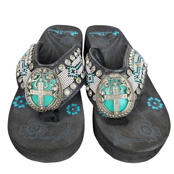 Montana West Wedge Flip Flop Sandal 6 Cross Medallion Turquoise Bead Rhinestone - Picture 4 of 14